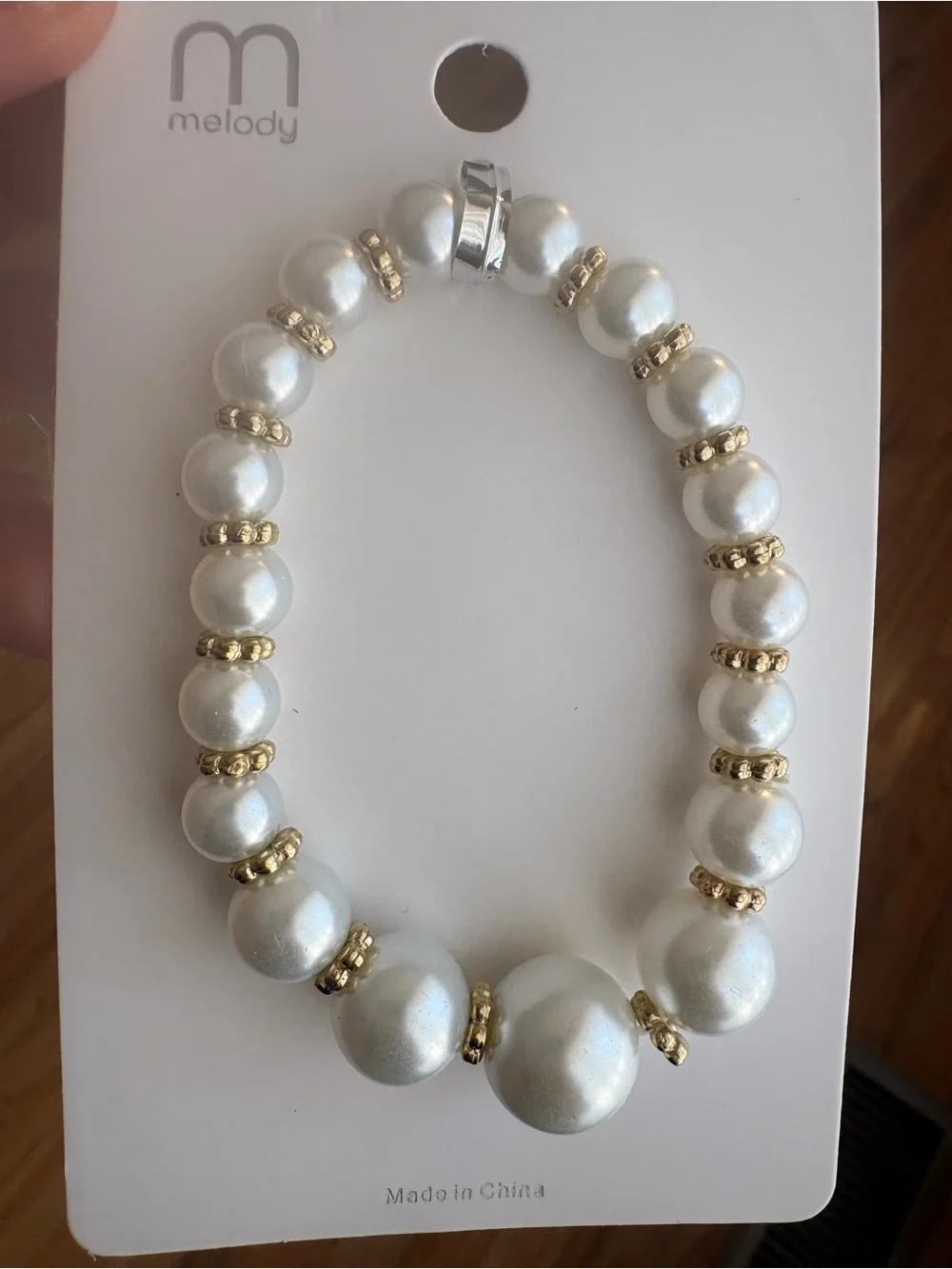 Ivory White Faux Pearl Beaded Bracelet with Gold Tone Accents
